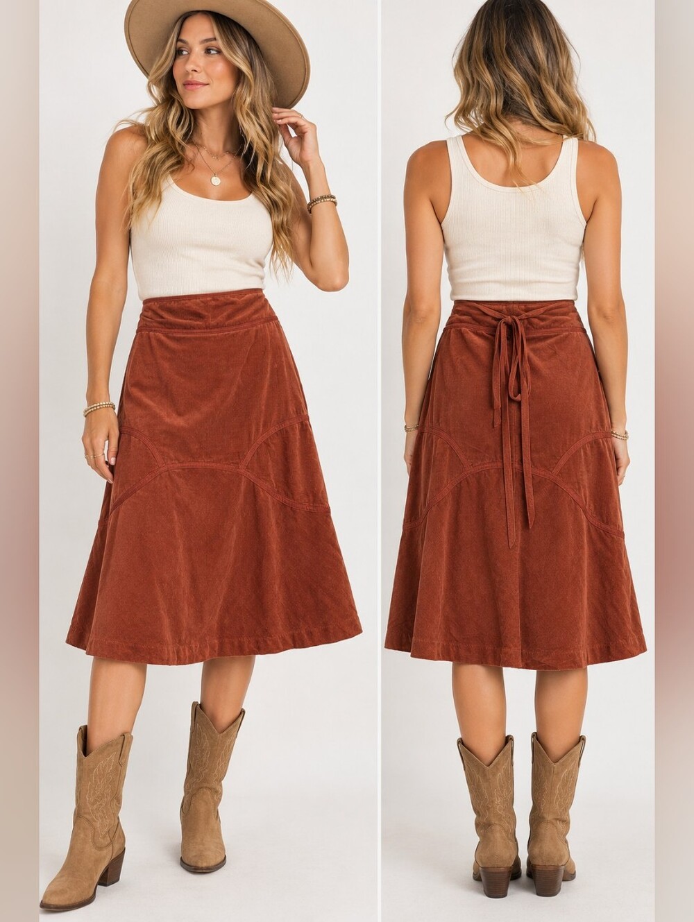 Rust Corduroy A-Line Skirt Size 8 Boho Y2K Tie Back